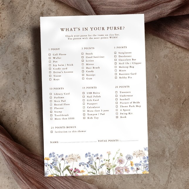 Spring Wildblume Meadow Garden Brautparty Game (Spring Wildflower Meadow Garden Bridal Shower Game whats in your purse?
)
