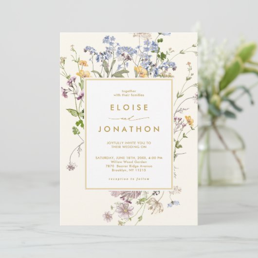 Spring Wildblume Meadow Gold QR Code Hochzeit Einladung (Stehend Vorderseite)