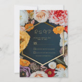 Spring yellow pink navy blue gold floral RSVP Einladung (Vorderseite)