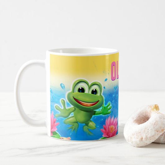 Springen der Frosch-Party-Name-Keramik-Tasse Kaffeetasse (Mit Donut)