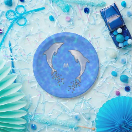 Springen funkelnder Blauer Dolphin mit Monogramm Pappteller (Party)