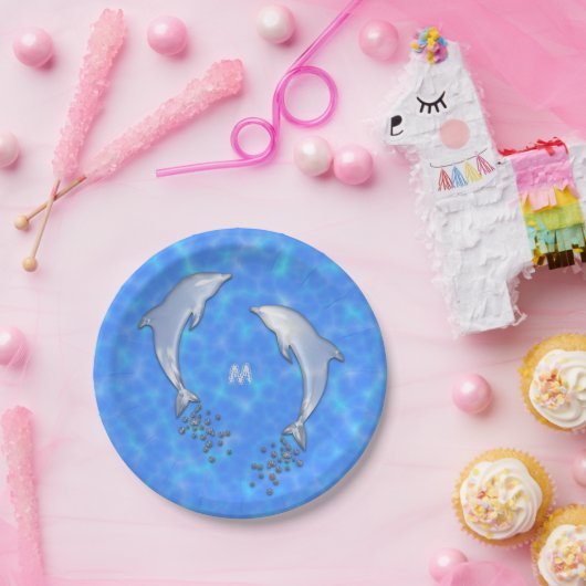 Springen funkelnder Blauer Dolphin mit Monogramm Pappteller (Party)