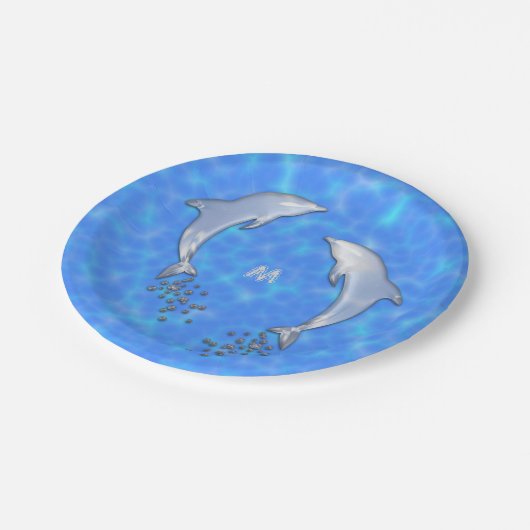Springen funkelnder Blauer Dolphin mit Monogramm Pappteller (Schrägansicht)