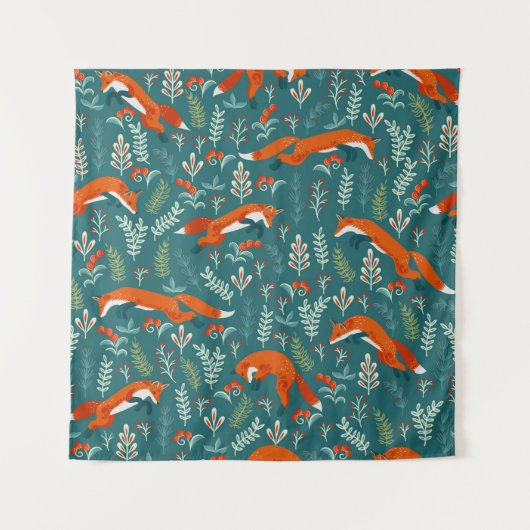 Springen von roten Füchsen mit Ornamenten nahtlose Wandteppich (Vorderseite)