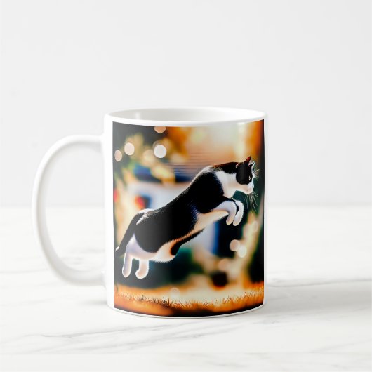 Springende schwarze und weiße Katze Kaffeetasse (Links)