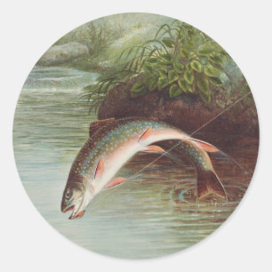 Springender Bachforelle von S.A. Kilbourne Vintage Runder Aufkleber