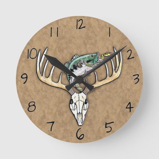 Springender Barsch über Geweih mit Schädel Runde Wanduhr (Vorderseite)