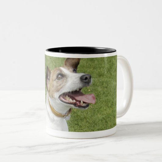 Springender Jackrussell-Terrier, erhöhte Ansicht Zweifarbige Tasse (VorderseiteRechts)