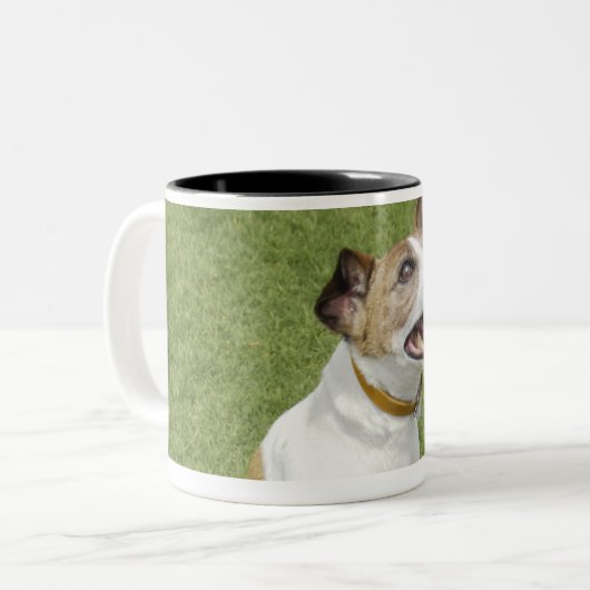 Springender Jackrussell-Terrier, erhöhte Ansicht Zweifarbige Tasse (Vorderseite Links)