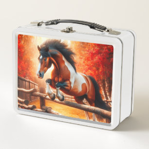 Springendes Pferd, das eine herbstliche Waldszene  Metall Brotdose