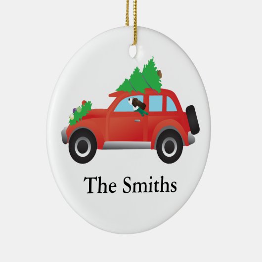 Springer Spaniel Auto mit Weihnachtsbaum Keramik Ornament (Rechts)