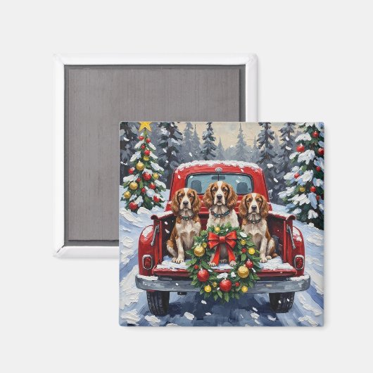 Springer Spaniel Christmas Red Truck Holiday Magnet (Vorderseite/Rückseite)