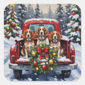 Springer Spaniel Christmas Red Truck Holiday Quadratischer Aufkleber (Vorderseite)