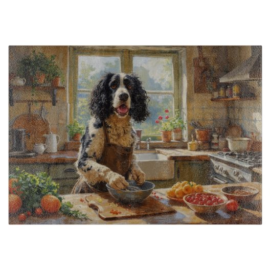 Springer Spaniel Cooking in Kitchen Schneidebrett (Vorderseite)
