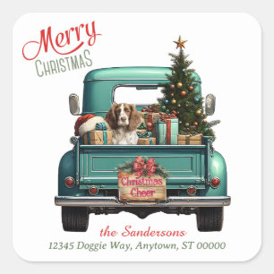 Springer Spaniel Dog Retro Truck Weihnachten Quadratischer Aufkleber