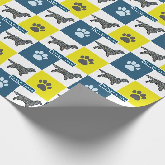 Springer Spaniel Dog Silhouette & Paw Y&B Grid Geschenkpapier (Ecke)