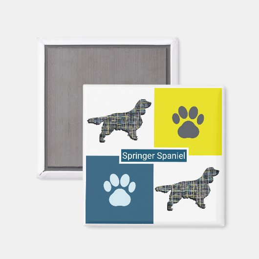 Springer Spaniel Dog Silhouette & Paw Y&B Grid Magnet (Vorderseite/Rückseite)