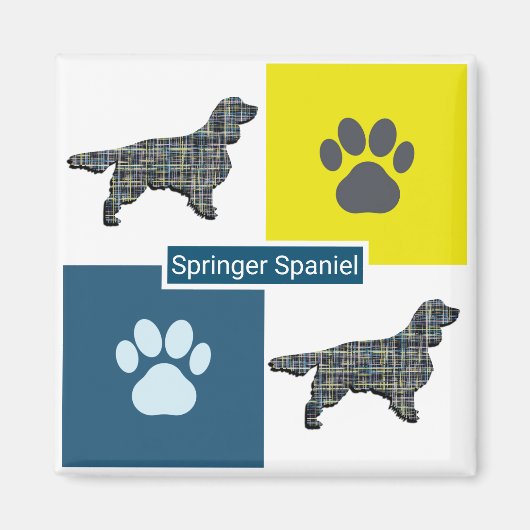 Springer Spaniel Dog Silhouette & Paw Y&B Grid Magnet (Vorne)