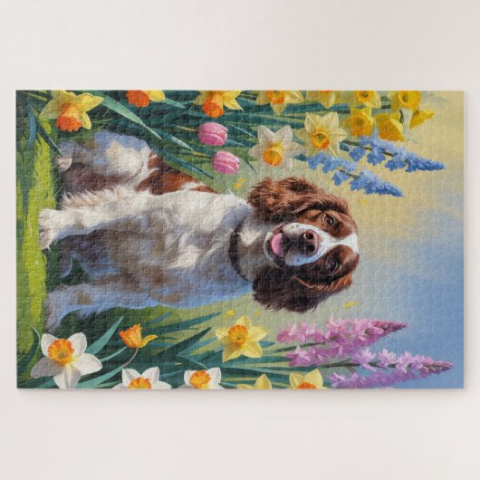 Springer Spaniel Dog Spring Blumen Malerei Puzzle (Horizontal)