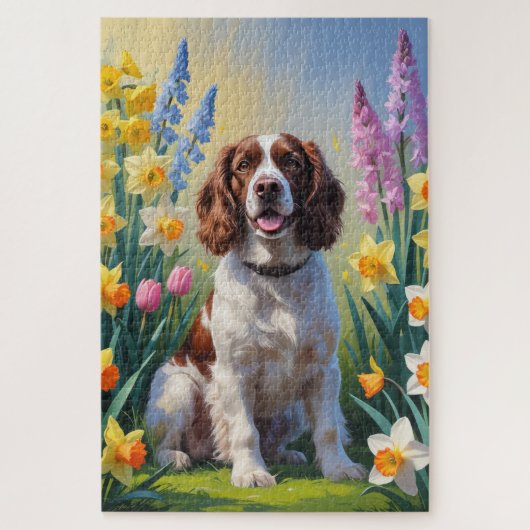 Springer Spaniel Dog Spring Blumen Malerei Puzzle (Vertikal)