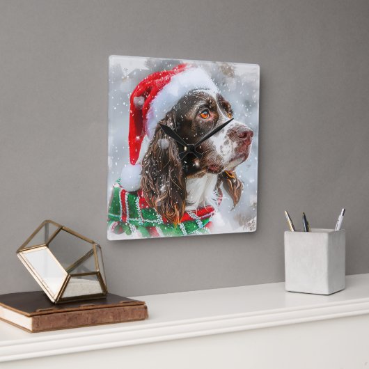 Springer Spaniel Dog Weihnachtsfest Quadratische Wanduhr (Büro)