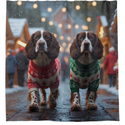 Springer Spaniel Dogs Christmas Snow Holiday Duschvorhang (Vorderseite)