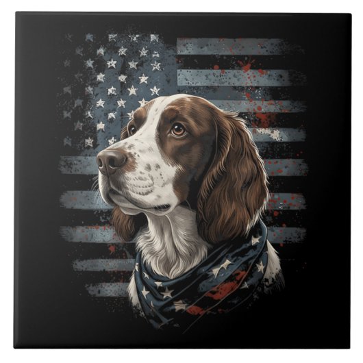 Springer Spaniel Hund Amerikanische Flagge Fliese (Vorderseite)