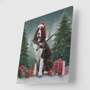 Springer Spaniel Hund im Schnee Weihnachten Quadratische Wanduhr
