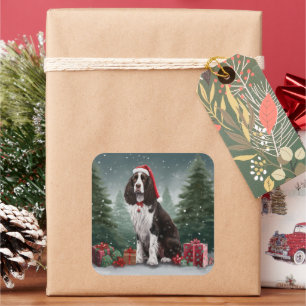 Springer Spaniel Hund im Schnee Weihnachten Quadratischer Aufkleber