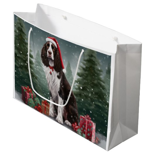 Springer Spaniel Hund in Schneeweihen Große Geschenktüte (Vorderseite Schrägansicht)