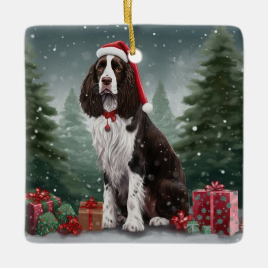 Springer Spaniel Hund in Schneeweihen Keramikornament (Vorderseite)