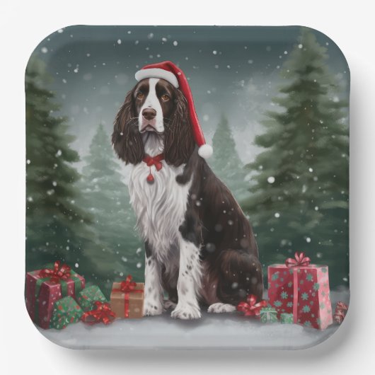 Springer Spaniel Hund in Schneeweihen Pappteller (Vorderseite)