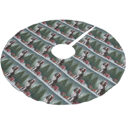 Springer Spaniel Hund in Schneeweihen Polyester Weihnachtsbaumdecke (Schrägansicht)