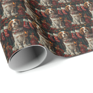 Springer Spaniel Hund mit Weihnachtsgeschenk Kamin Geschenkpapier