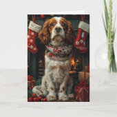 Springer Spaniel Hund mit Weihnachtsgeschenk Kamin Karte (Vorderseite)