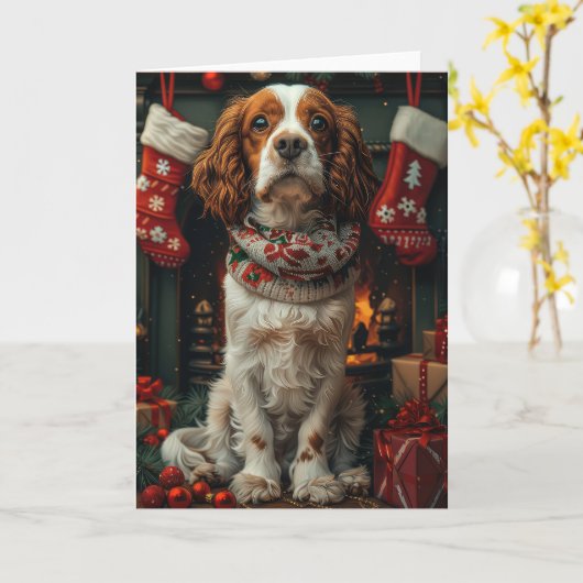 Springer Spaniel Hund mit Weihnachtsgeschenk Kamin Karte (Gelbe Blume)