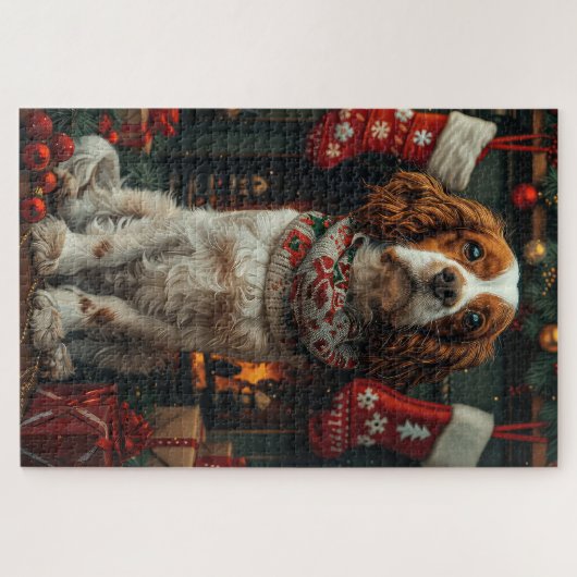 Springer Spaniel Hund mit Weihnachtsgeschenk Kamin Puzzle (Horizontal)