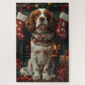 Springer Spaniel Hund mit Weihnachtsgeschenk Kamin Puzzle (Vertikal)