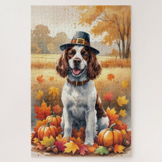 Springer Spaniel im Herbstlaub Thanksgiving Kunst Puzzle (Vertikal)