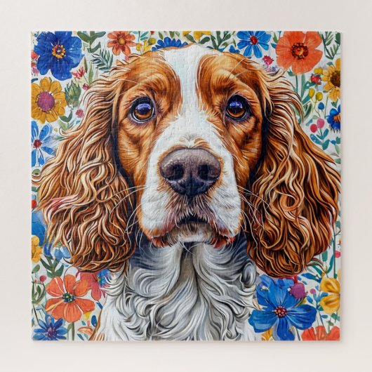 Springer Spaniel mit farbenfrohem floralem Hinterg Puzzle (Vertikal)