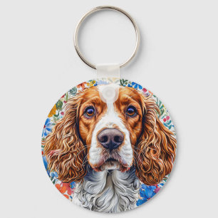 Springer Spaniel mit farbenfrohem floralem Hinterg Schlüsselanhänger