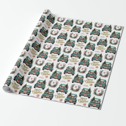 Springer Spaniel Retro Truck Monogram Christmas Geschenkpapier (Ungerollt)