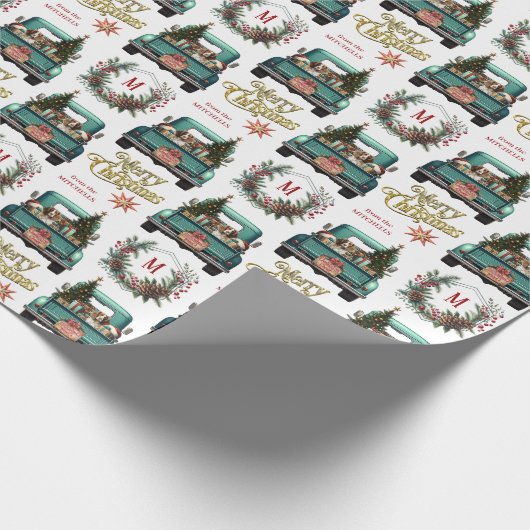 Springer Spaniel Retro Truck Monogram Christmas Geschenkpapier (Ecke)