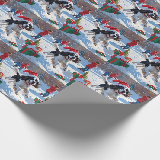 Springer Spaniel Running Snow mit Weihnachtshut Geschenkpapier (Ecke)