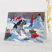 Springer Spaniel Running Snow mit Weihnachtshut Karte (Gelbe Blume)