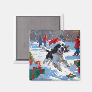 Springer Spaniel Running Snow mit Weihnachtshut Magnet