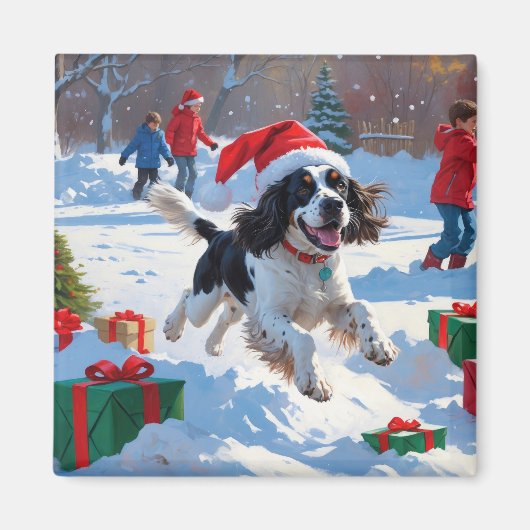 Springer Spaniel Running Snow mit Weihnachtshut Magnet (Vorne)