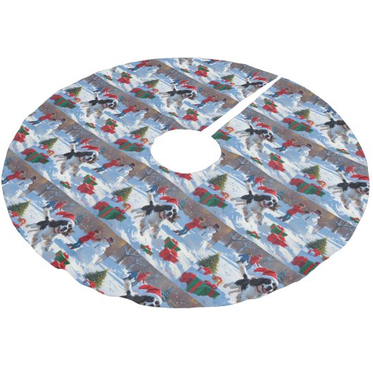 Springer Spaniel Running Snow mit Weihnachtshut Polyester Weihnachtsbaumdecke (Schrägansicht)