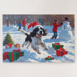 Springer Spaniel Running Snow mit Weihnachtshut Puzzle