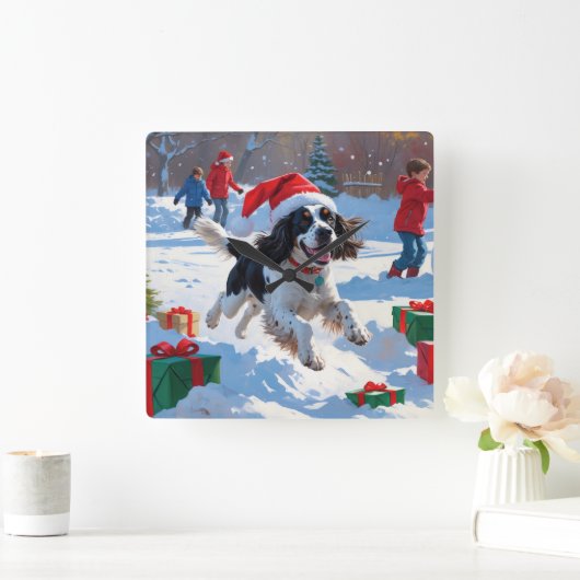 Springer Spaniel Running Snow mit Weihnachtshut Quadratische Wanduhr (Zuhause)